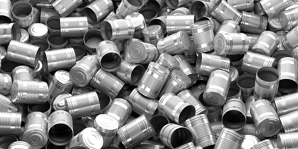 3d rendering empty silver tin cans background