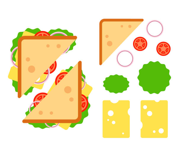 Sandwich top view with tomato, onion, salad, cheese isolated on white background, snack for breakfast and lunch, flat vector illustration Sandwich top view with tomato, onion, salad, cheese isolated on white background, snack for breakfast and lunch, flat vector illustration. bread clipart stock illustrations