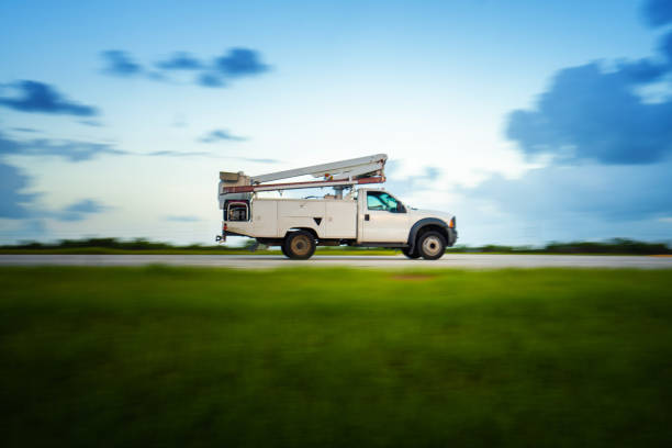Service truck on the highway panning motion