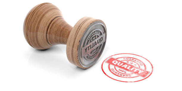 istock Wooden round rubber stamper and stamp with text quality isolated on white background. 3d illustration 1048647792