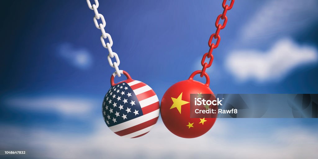 USA and Chinese flags wrecking balls swinging on blue cloudy sky background. 3d illustration US of America and China relations. USA and Chinese flags wrecking balls swinging on blue cloudy sky background. 3d illustration Stock Market and Exchange Stock Photo