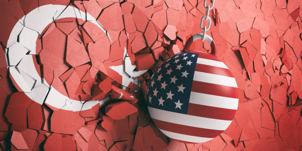 istock USA and Turkey flags on cracked wall background. 3d illustration 1048647868