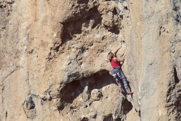 istock Young female rock climber on a cliff face. 1048653548