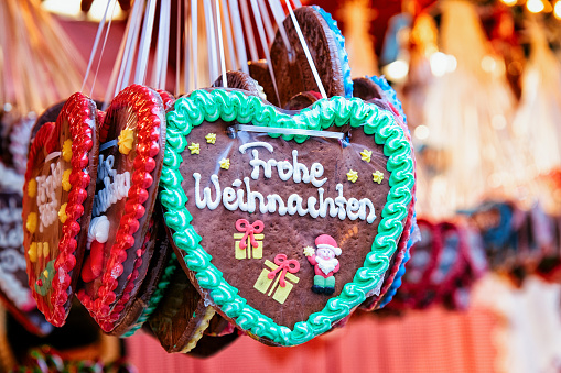 Stand with heart gingerbread sweets at Christmas Market at Berlin