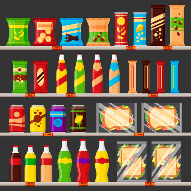 Supermarket, store shelves with groceries products. Fast food snack and drinks with price tags on the racks - flat vector illustration Supermarket, store shelves with groceries products. Fast food snack and drinks with price tags on the racks - flat vector illustration. supermarket aisles vector stock illustrations