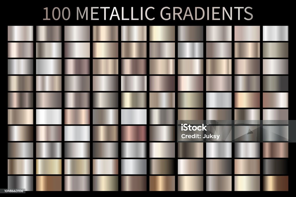 Metallic, bronze, silver, gold, chrome metal foil texture gradient Metallic, bronze, silver, gold, chrome metal foil texture gradient template Vector swatch set. Metallic gradient illustration gradation for backgrounds, banner, user interface Vector template design Color Gradient stock vector