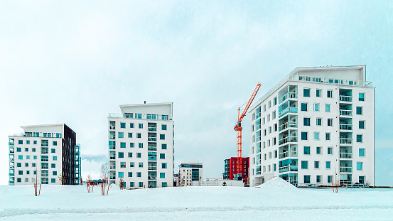 New complex of apartment buildings under development, at winter Helsinki, Finland