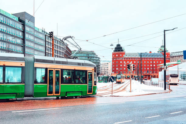 istock Running tram at Central Railway Station in Finland Helsinki 1048663590