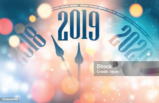 Blurred Shiny New Year 2019 Poster With Clock Stock Illustration - Download Image Now - 2019, Backgrounds, Celebration