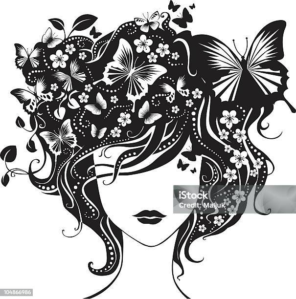 Abstract Girl With Butterflies In Hair Stock Illustration - Download Image Now - Butterfly - Insect, Women, Flower