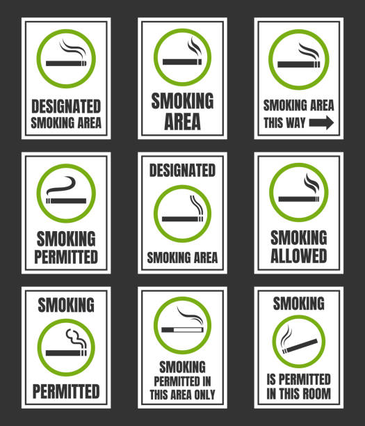 Designated smoking area, smoking permitted sign set Designated smoking area signboard set, smoking place designated smoking areas stock illustrations