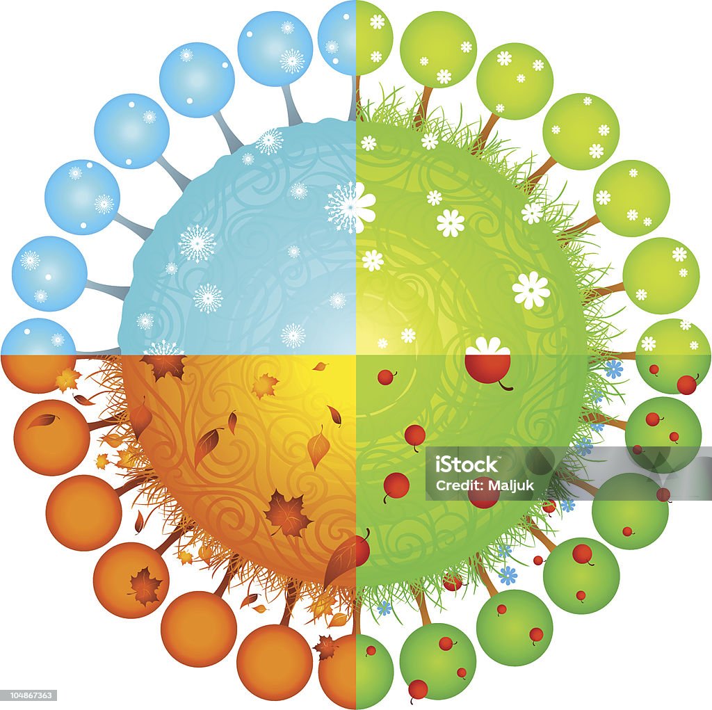 Four seasons on the Earth Winter, Spring, Summer and Autumn. Illustration with different types of trees on a white background. Apple - Fruit stock vector