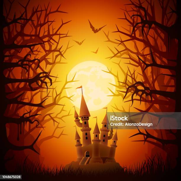 Halloween Spooky Night Stock Illustration - Download Image Now - Castle, Landscape - Scenery, Fog