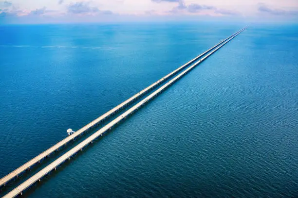 The Lake Pontchartrain Causeway, the worlds longest bridge at just under 24 miles long, near New Orleans, Louisiana and shot from an altitude of about 1000 feet during a helicopter photo flight.