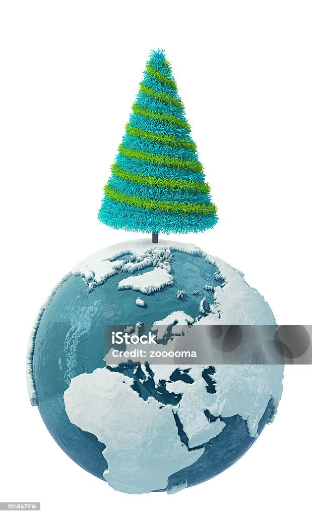 Winter Earth globe with Christmas Tree: Europe 3d Winter Earth globe with Christmas Tree, isolated on white, Europe Globe - Navigational Equipment Stock Photo