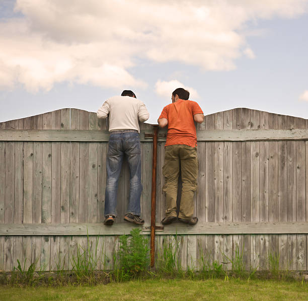 Two boys on the fence looking for smth Photo of two boys on the fence. palisade boundary stock pictures, royalty-free photos & images