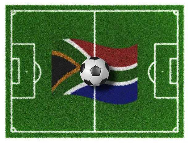 Soccer field, South Africa Flag and soccer ball.