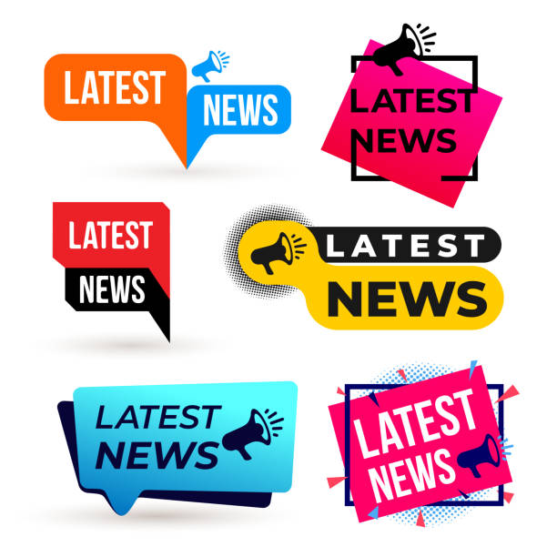 Set of Latest news megaphone colorful label . Vector illustration. Isolated on white background. Set of Latest news megaphone colorful label . Vector illustration. Isolated on white background. wildlife tracking tag stock illustrations