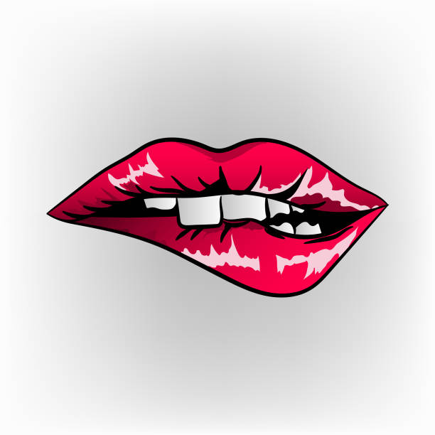Big red lips track on white background. Big red lips track on white background. Sexy biting lips. Red mouth with white teeth isolated on white. Female beautiful lips with red lipstick. Vector illustration of sensual lips and ideal teeth drawing of the man seducing woman stock illustrations