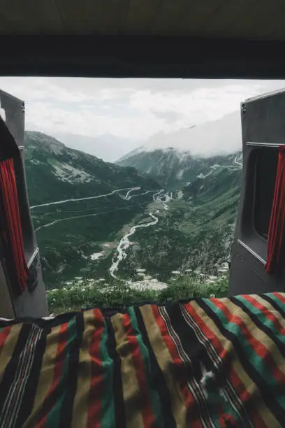 Scenic view on Furka pass from campervan in Swiss Alps