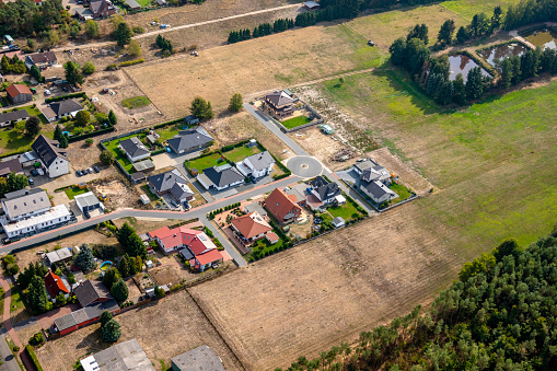 Aerial view of the edge of a German village, which is growing by the designation of new building areas for single-family houses
