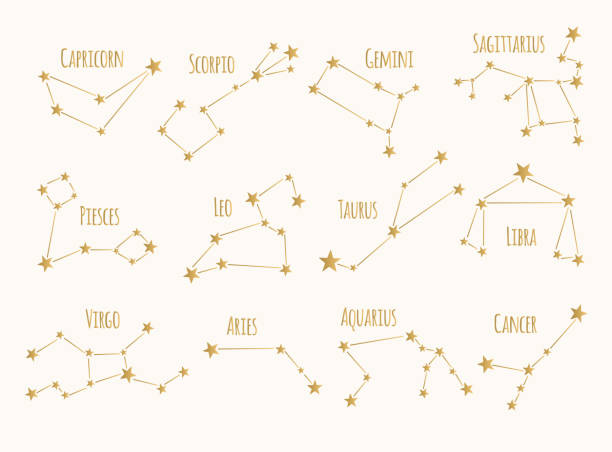 ilustraciones, imágenes clip art, dibujos animados e iconos de stock de conjunto de constelaciones doradas. vector de signos del zodiaco. - signo del zodíaco