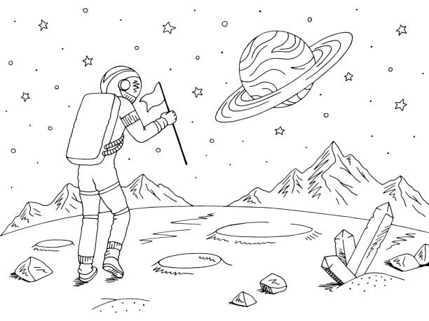 astronauta kosmiczny chodzący z flagą. alien planet grafika czarny biały znak krajobraz szkic ilustracja wektor - people exploration futuristic walking stock illustrations