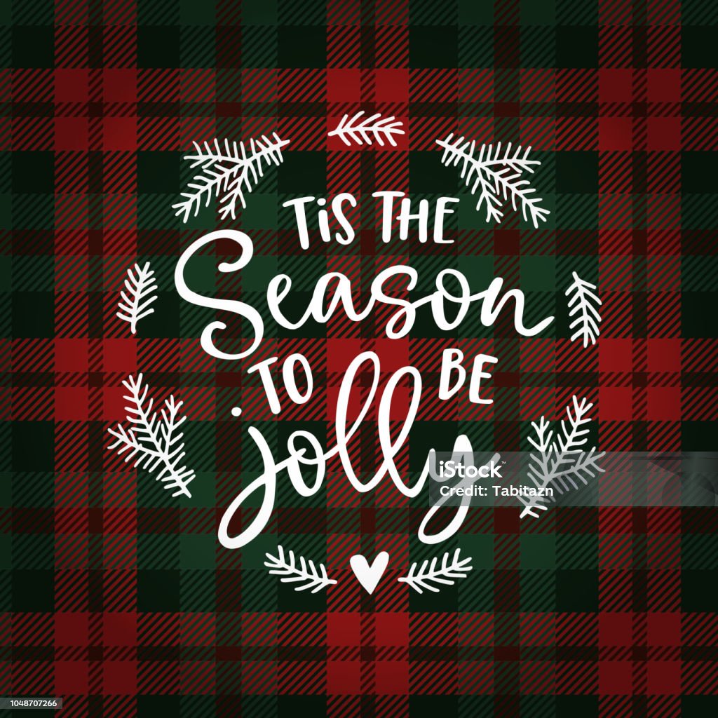 Tis the season to be jolly. Christmas greeting card, invitation with fir tree wreath. Hand lettered white text over tartan checkered plaid. Winter vector calligraphy illustration background. Christmas stock vector