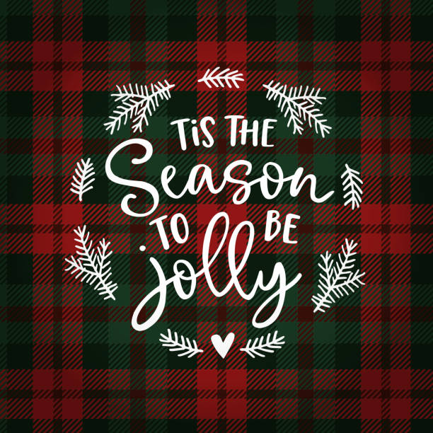 Tis the season to be jolly. Christmas greeting card, invitation with fir tree wreath. Hand lettered white text over tartan checkered plaid. Winter vector calligraphy illustration background. Tis the season to be jolly. Christmas greeting card, invitation with fir tree wreath. Hand lettered white text over tartan checkered plaid. Winter vector calligraphy illustration background. winter fashion stock illustrations