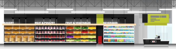 Interior scene of modern supermarket with products and cashier counter , vector , illustration Interior scene of modern supermarket with products and cashier counter , vector , illustration supermarket aisles vector stock illustrations