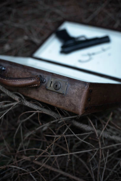 istock Black pistol in briefcase on forest ground. 1048720672