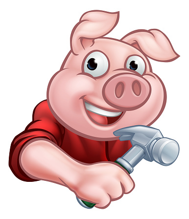 A builder or carpenter pig cartoon character holding a hammer. Could be the one of three little pigs who built his house of wood