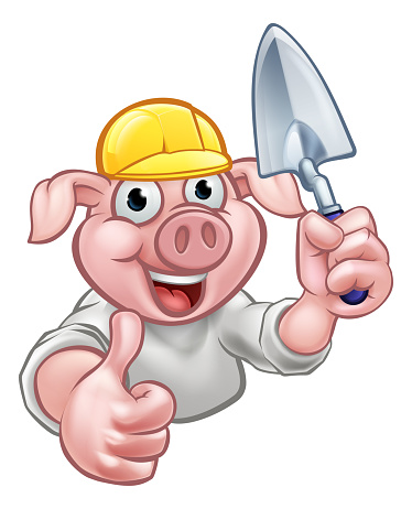 A builder pig cartoon character holding a brick layers trowel and wearing a hard hat. Could be the one of three little pigs who built his house of bricks.