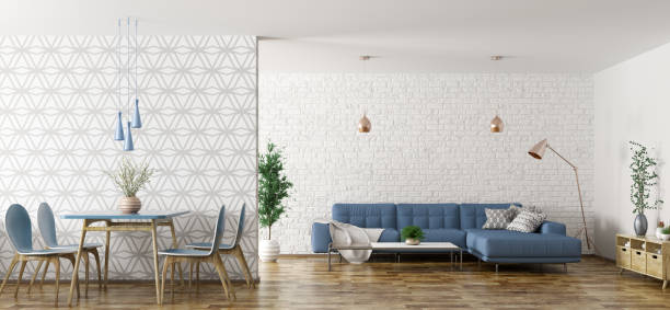Interior of living room with sofa and table and chairs 3d rendering