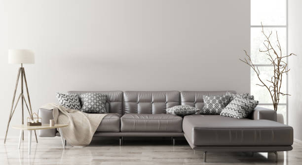 intérieur de la salle de séjour avec canapé – représentation en 3d - model home house home interior plate photos et images de collection