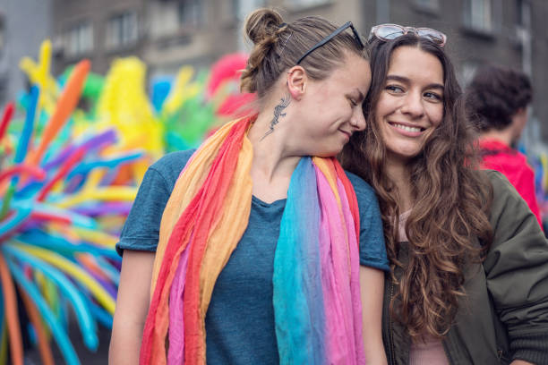 istock Female couple walking with the love parade 1048731236