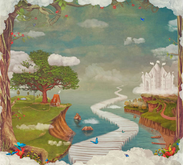 Fairy tale, cartoon background, digital art. Illustration of a fairytale  fantastic forest , castle, bridge, lake ,sky and big tree in sky ,concept art card