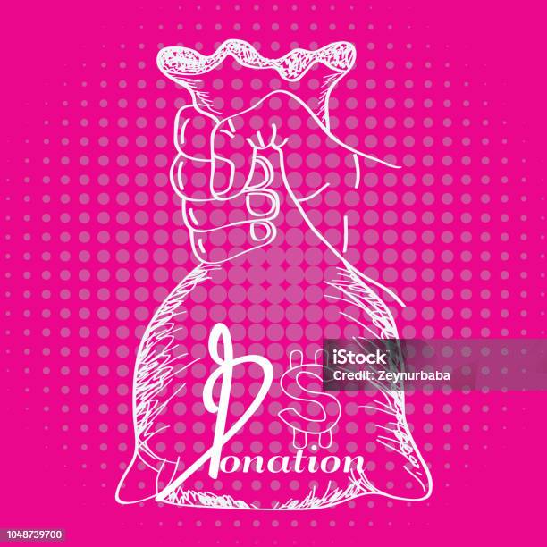 Hand Holding Bag Of Money For Donation Concept Line Art Style Hand Drawing And Donation Lettering Vector Stock Illustration - Download Image Now