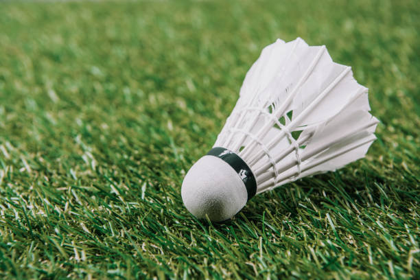 istock close up view of white shuttlecock lying on green lawn 1048741136