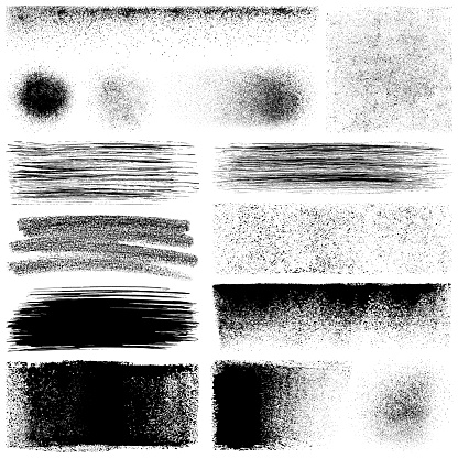 Set of grunge design elements. Black texture backgrounds, brush strokes, paint roller strokes and different shapes. Isolated vector images black on white.