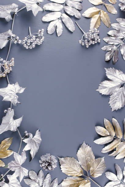 winter concept flat lay with golden and silver leaves. christmas frame background - 2603 imagens e fotografias de stock