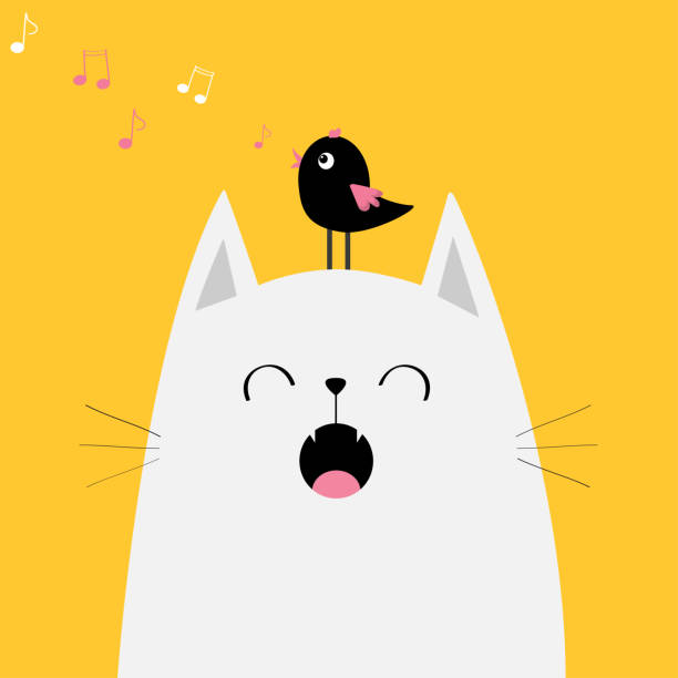 weiße katze gesicht kontur miaut lied singen. vogel auf den kopf. musiknote fliegen. süße lustige comicfigur. kawaii tier. baby-karte. haustiersammlung. flaches design. gelb hinterlegt. isoliert. - white domestic cat kitten young animal stock-grafiken, -clipart, -cartoons und -symbole