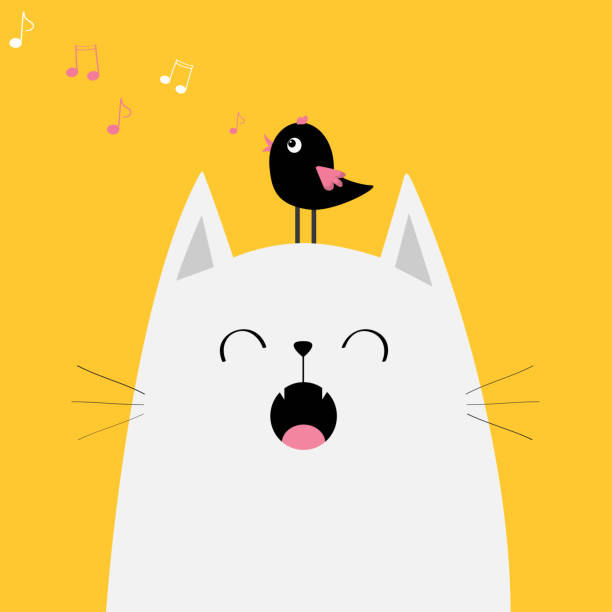 White Cat Face Silhouette Meowing Singing Song Bird On Head Music Note  Flying Cute Cartoon Funny Character Kawaii Animal Baby Card Pet Collection  Flat Design Yellow Background Isolated Stock Illustration - Download