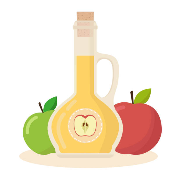 ilustraciones, imágenes clip art, dibujos animados e iconos de stock de icono plano de manzana vinagre de sidra vector. botella aislada de vinagre con manzana sobre fondo blanco. ilustración de vector. - condiment healthy lifestyle vinegar cooking oil