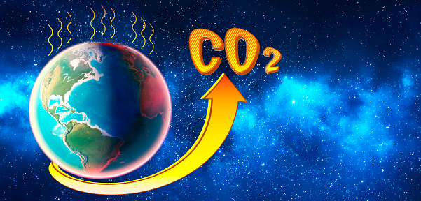 The level of CO2 in the planet atmosphere rises and exceeds the norm. 3D render.