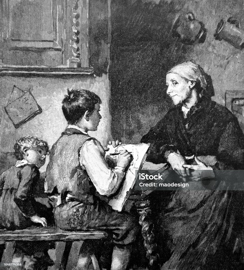 Grandson paints a portrait of her grandmother - 1888 Renaissance stock illustration