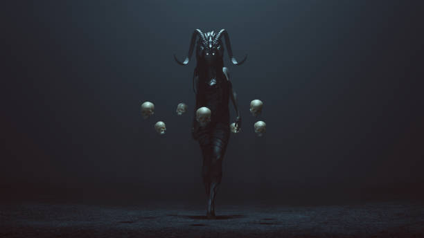 Evil Witch with a Head Dress in a foggy void with Floating Skulls Evil Witch with a Head Dress in a foggy void with Floating Skulls 3d Illustration 3d render witch photos stock pictures, royalty-free photos & images