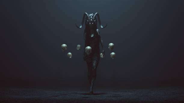 Evil Witch with a Head Dress in a foggy void with Floating Skulls Evil Witch with a Head Dress in a foggy void with Floating Skulls 3d Illustration 3d render creepy glowing eyes stock pictures, royalty-free photos & images