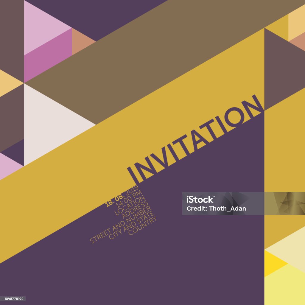 Triangles 60 degree – Invitation Template (Geometric Minimalism Set) Geometric vector invitation template, based on triangles and a 60 degree grid in mustard yellow, pink and purple; including space for copy text. Invitation stock vector