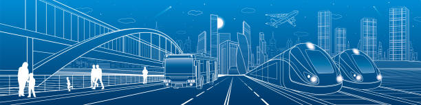 Two trains travel by rail. Bus rides on city highway. Modern night town. Urban scene. People walking at street. White lines on blue background. Vector design art Two trains travel by rail. Bus rides on city highway. Modern night town. Urban scene. People walking at street. White lines on blue background. Vector design art blueprint silhouettes stock illustrations